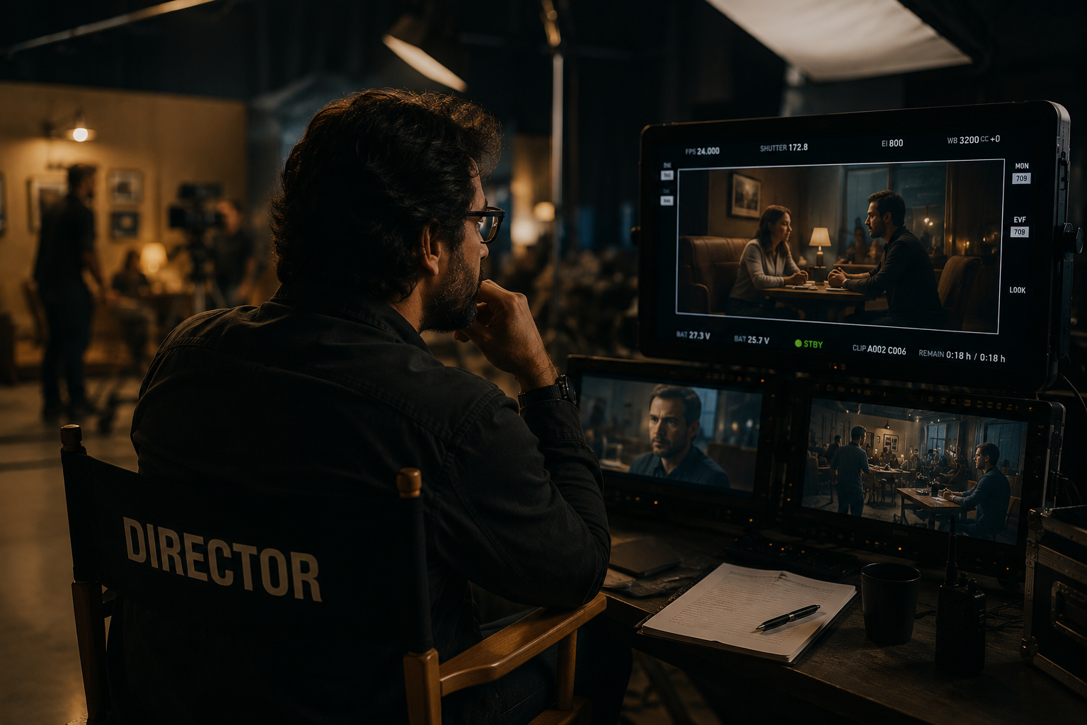 Director sitting in a chair on set, watching multiple monitors showing footage