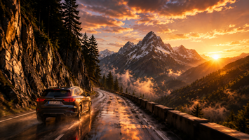 Small preview: final rendered frame of a car driving through mountains at sunset