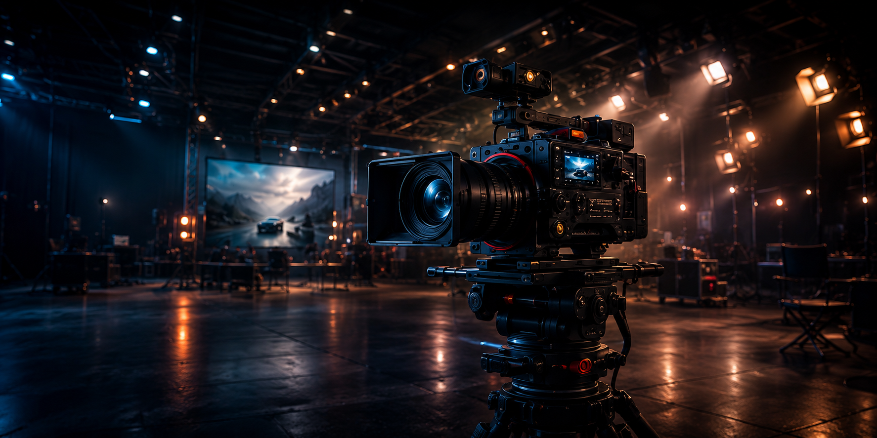 Hero background: cinema camera rig on a film set surrounded by glowing AI holographic panels