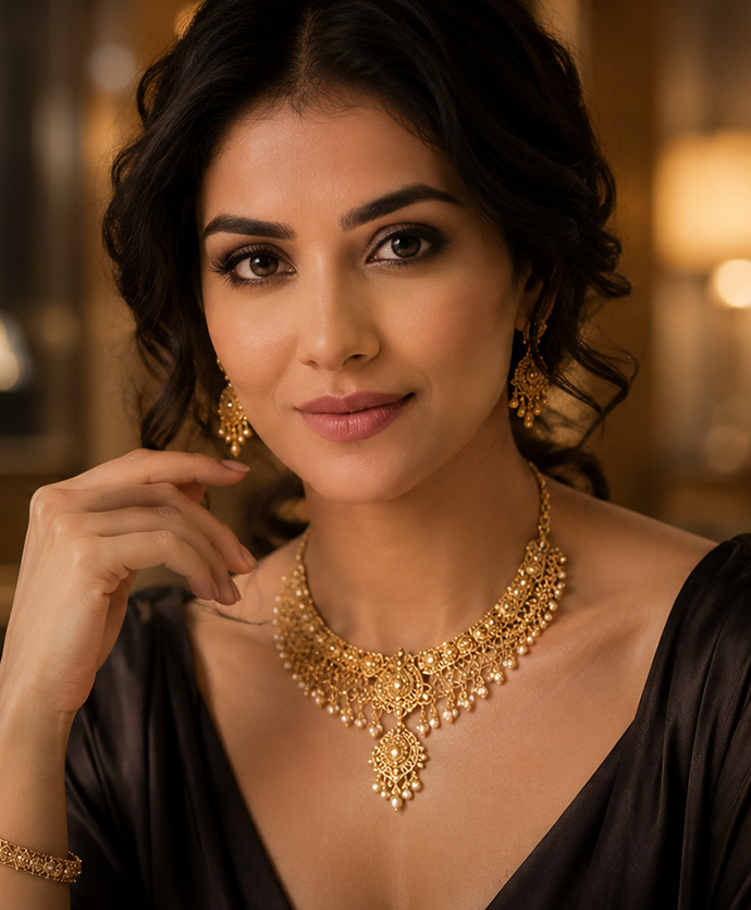 Featured project: woman wearing a gold necklace looking at camera, jewellery brand video still