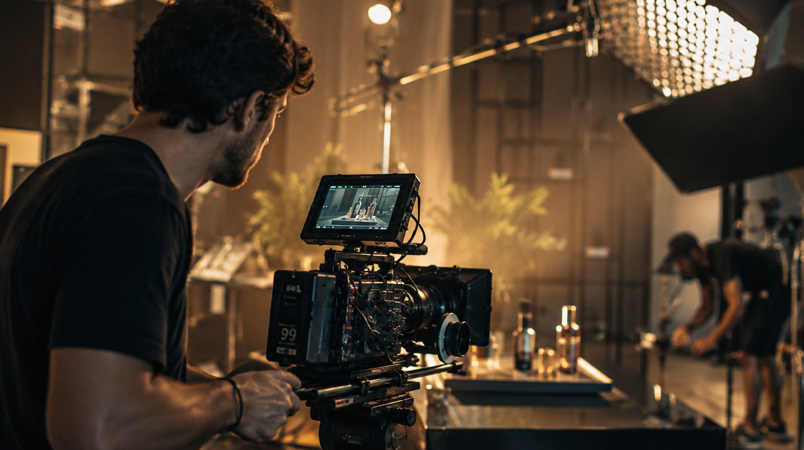 Service thumbnail: cinematographer filming a commercial with warm studio lighting