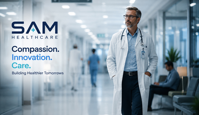 Featured project: doctor walking through a hospital corridor, Max Healthcare corporate film still