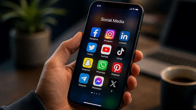 Service thumbnail: hand holding a phone with colorful social media app icons on screen