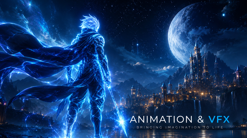 Service thumbnail: AI-generated animated scene of a glowing figure standing against a starry night sky