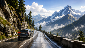 Small preview: AI-generated color render of a car driving on a mountain road
